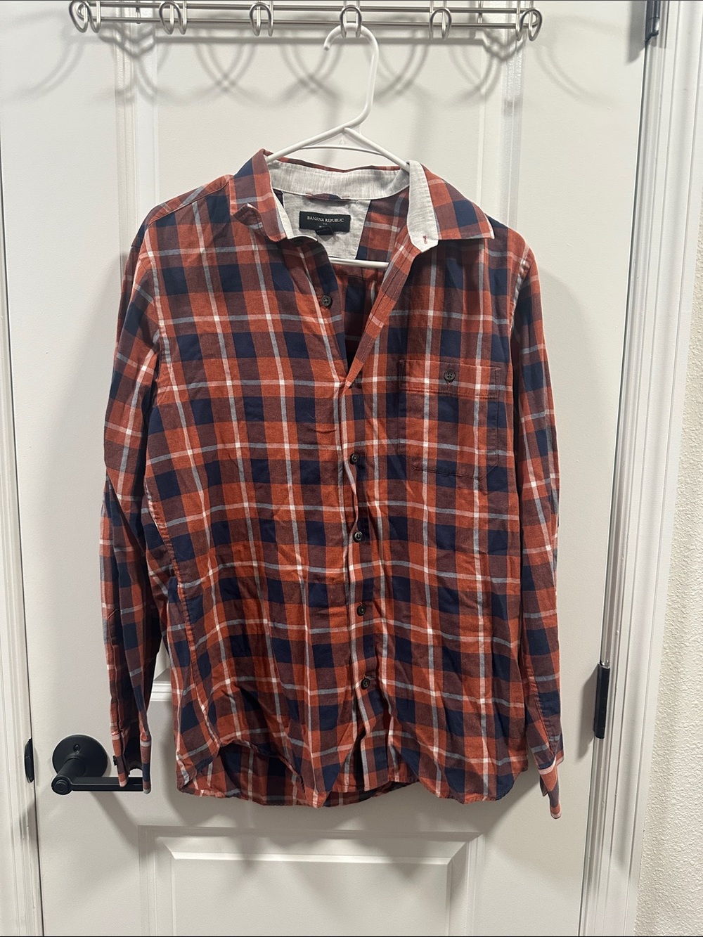 Banana Republic Men's Rust and Navy Plaid Button-Down Shirt